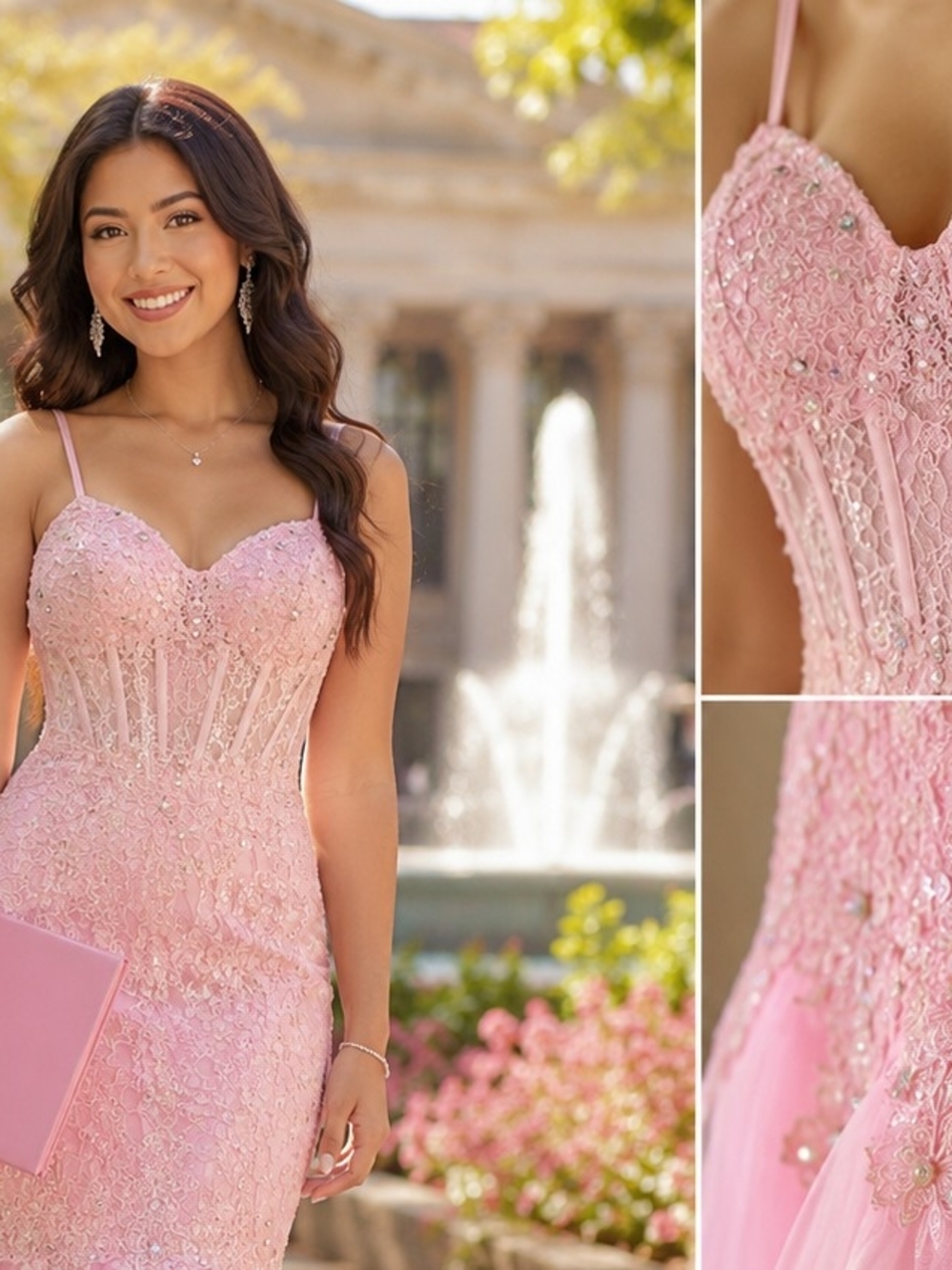 Hebeos Elegant Pink Lace Evening Dress with Corset Bodice -Pictures For Size (6)